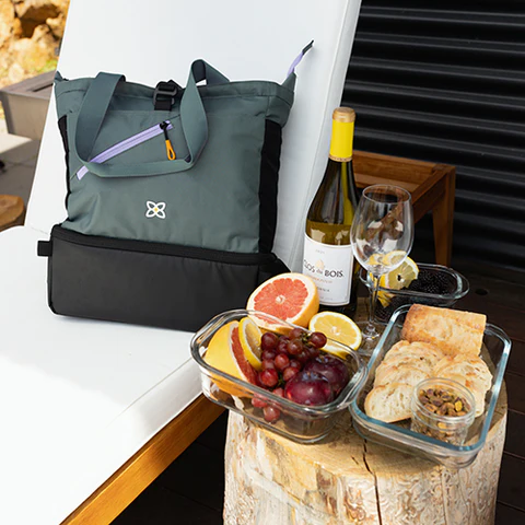 Sherpani backpack with cooler compartment, the Terra in Juniper, sits next to some snacks and a bottle of wine that was stored inside.