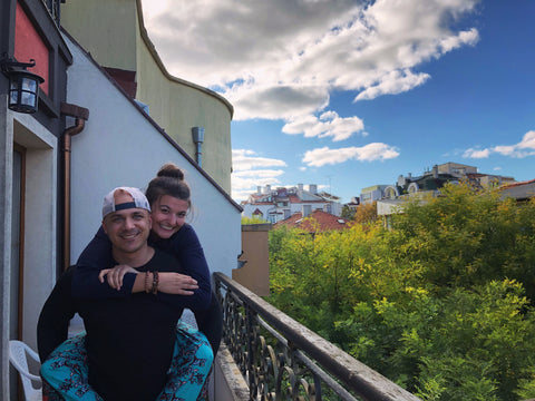 Tess and Cy on the roof of their hotel in Stara Zagora, Bulgaria