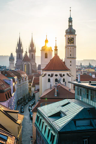 View of Prague buildings including churches and spires.