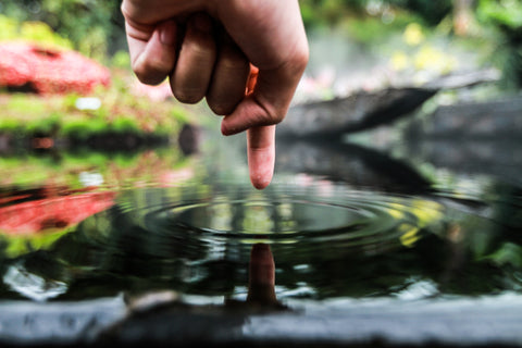 A woman's finger dipping into a the surface of the water at a scenic pond, making ripples in the water