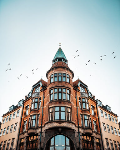 A tall brown building in Copenhagen with birds flying in the sky