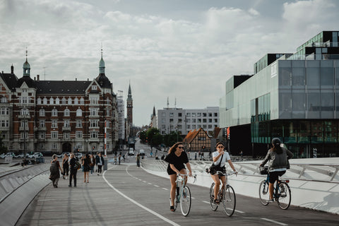 Two women riding bikes side-by-side down a Copenhagen street