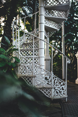 Close up view of the spiral staircase inside the Palm House at Copenhagen's Botanical Garden