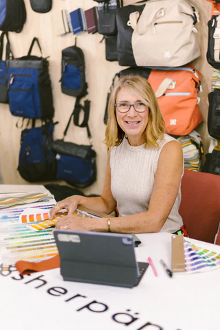 Maria designing Sherpani bags at Sherpani headquarters in Boulder, Colorado