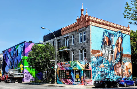 Street murals and colorful buildings in Montreal, Quebec