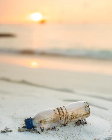 A plastic bottle lying on a white sand beach