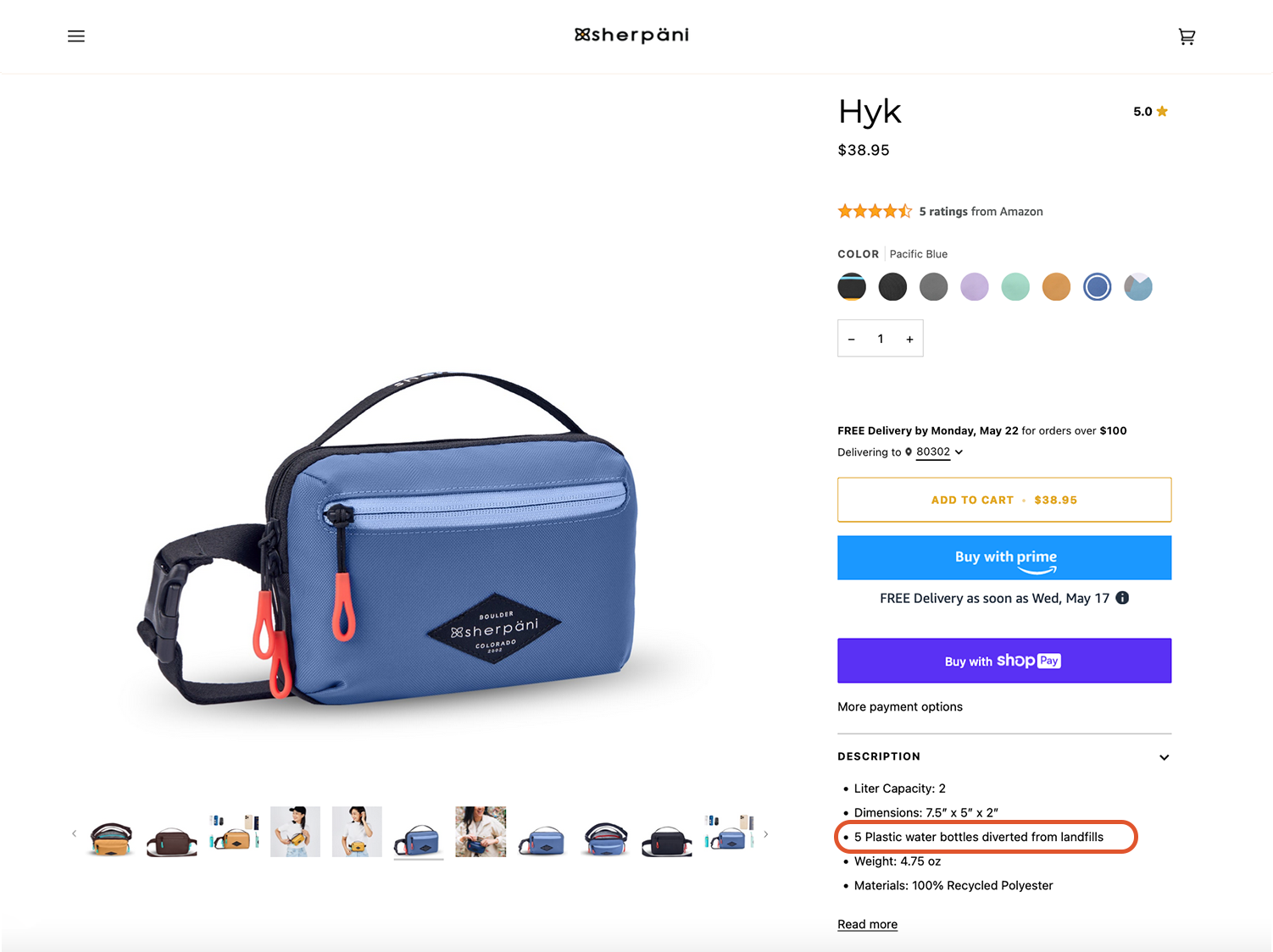 Product detail screenshot of Sherpani website. Sherpani fanny pack, the Hyke is Pacific Blue, is being features. A red circle in the lower right corner highlights the bottle count (5).
