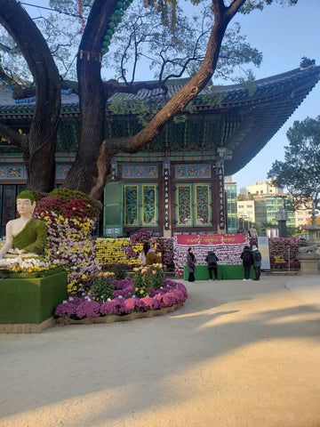 A temple decorated with flowers in downtown Seoul, South Korea