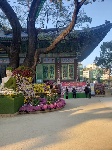 A temple decorated with flowers in downtown Seoul, South Korea