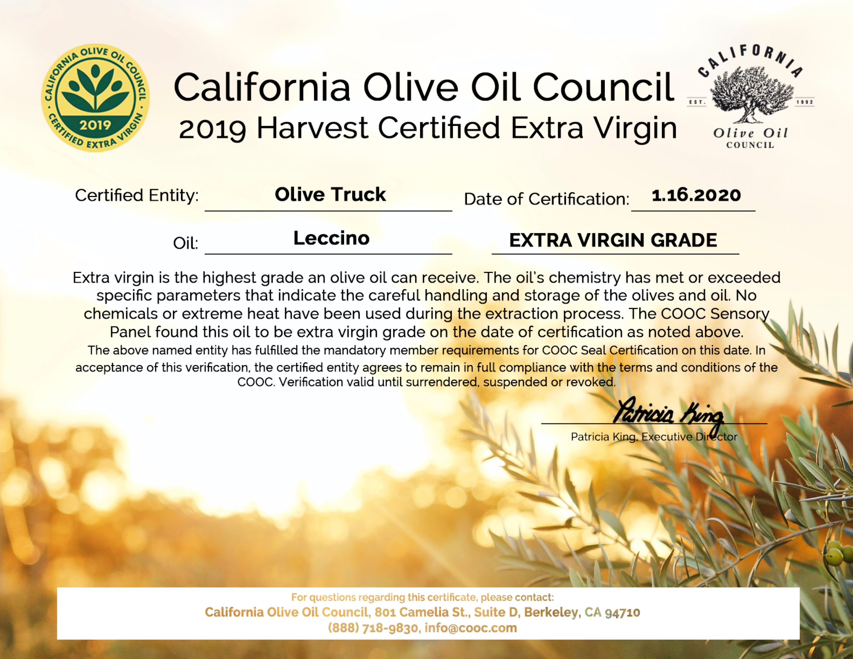 Leccino - California Olive Oil Council, 2019 Harvest Certified Extra Virgin