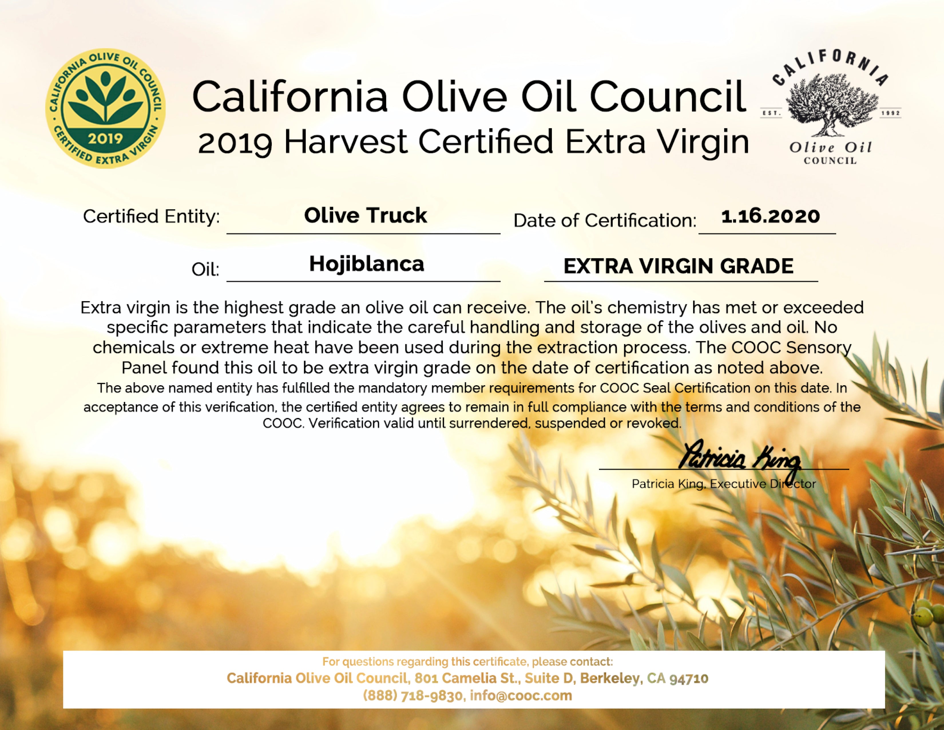 Hojiblanca - California Olive Oil Council, 2019 Harvest Certified Extra Virgin
