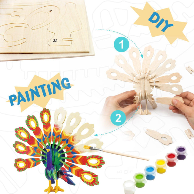 3D Wooden Puzzle Paint Kit | Peacock - Hands Craft US, Inc.