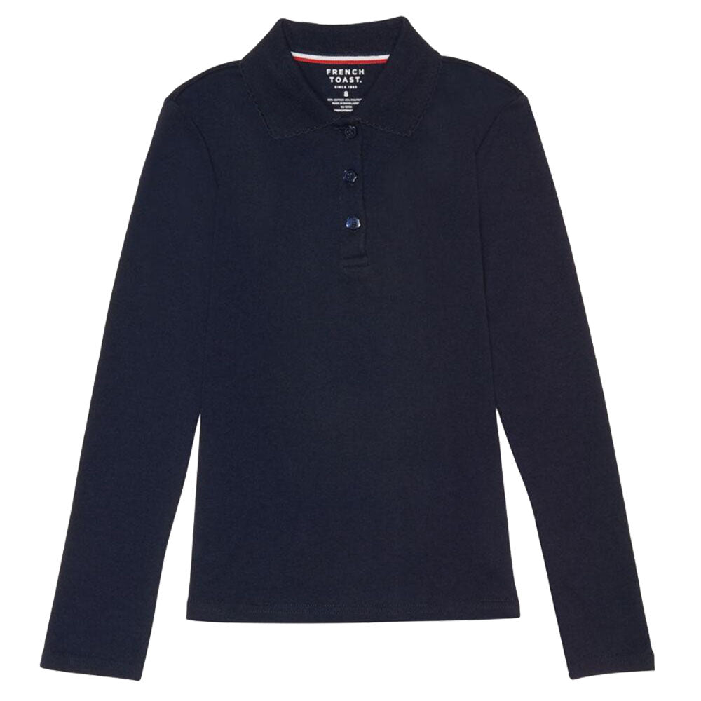 Long Sleeve Knit Polo With Picot Collar - Girls - Navy – Kids For Less