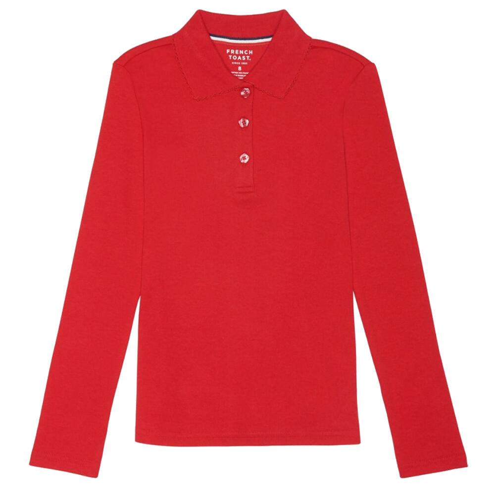 Long Sleeve Knit Polo With Picot Collar - Girls - Red – Kids For Less