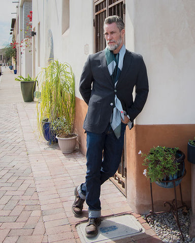 Alec Laughlin wearing the Andy Burgess Silk and Tencel Scarf