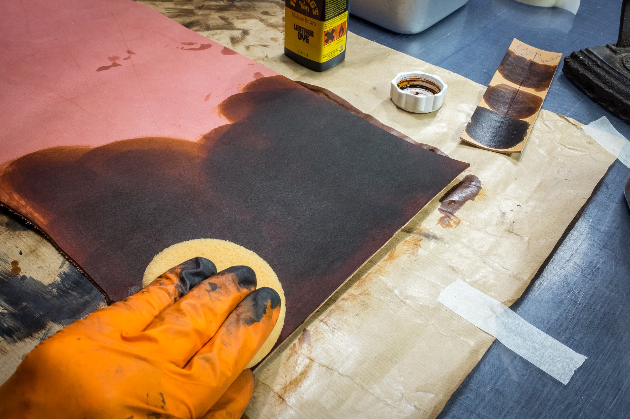 New old stock vegetable tanned leather to be dyed in several steps.