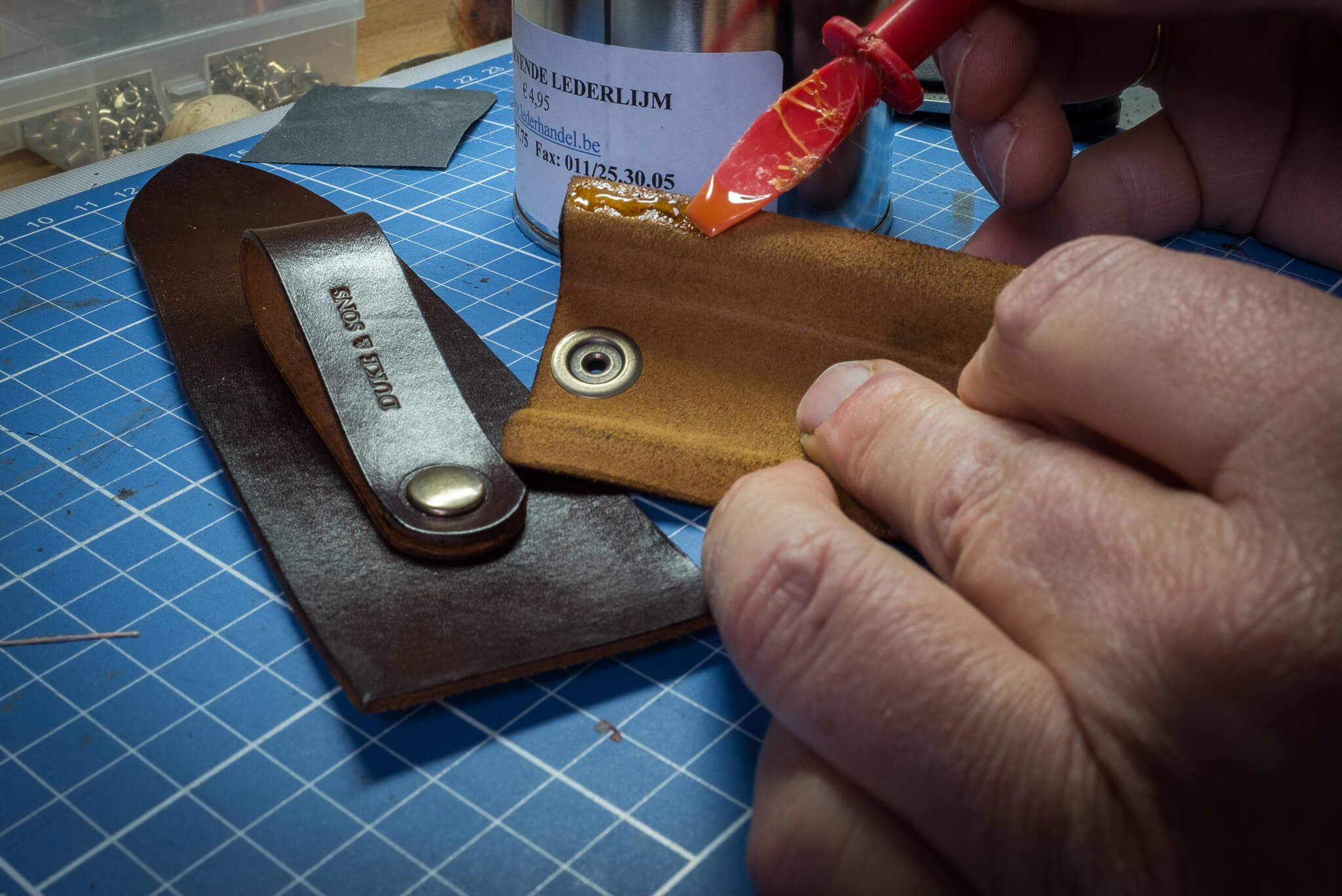Adding leather glue to all parts | Duke & Sons Leather