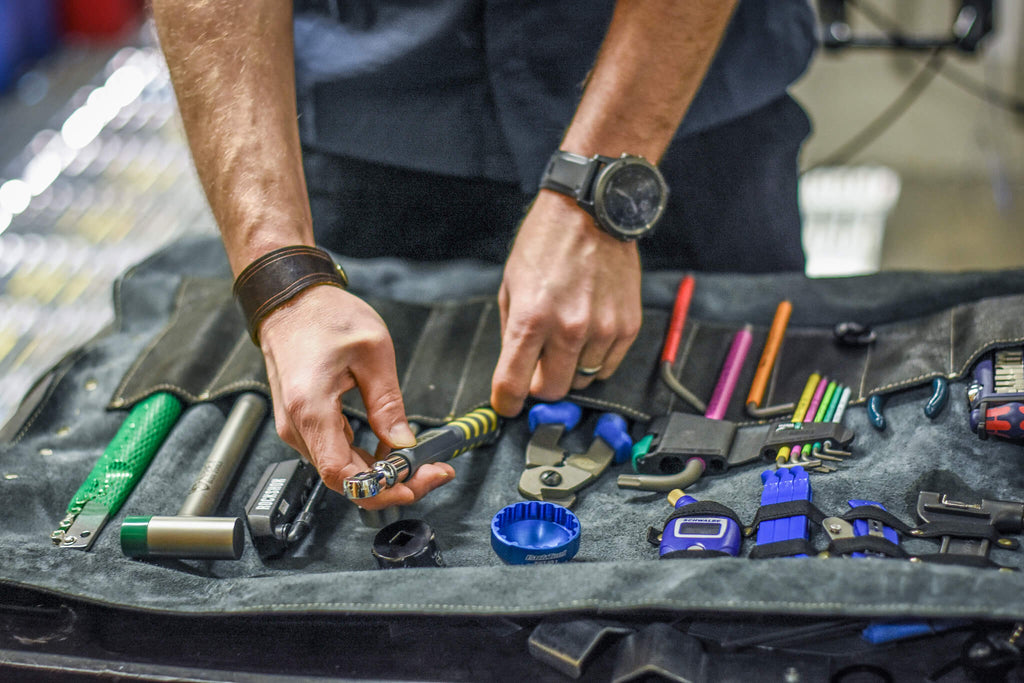 all tools perfectly arranged in this custom made tool roll