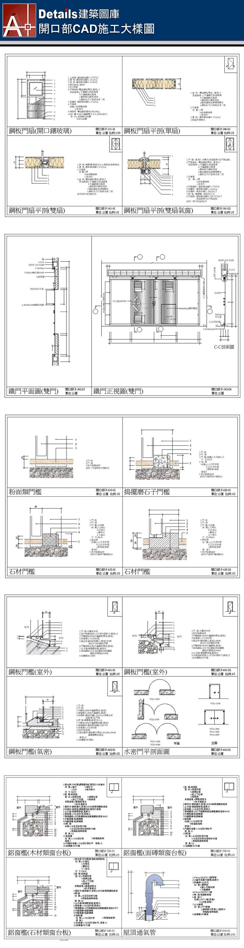 大門大樣詳圖,木門框詳圖,門檻詳圖,空心木門扇,實心木門扇,雙扇門接合,鋁框木門扇,鋁門扇,鋁百葉門扇,鐵捲門詳圖,防颱鐵門詳圖,鋼板門楣,鋼板門扇,甲種防火門扇,鐵門詳圖,滾軸,輪軸詳圖,石材門檻,鋼板門檻,搗擺磨石子門檻,水密門詳圖,鋁窗檻,屋頂通氣管,冷氣窗孔剖面圖,鋁擠型通氣口,鋁百葉通氣孔,鋼板清潔口,RC人孔蓋,水箱RC人孔蓋,集水坑人孔蓋板剖面詳圖,RC地板檢修人孔大樣圖,鋼板人孔蓋,人孔不銹鋼蓋板,水箱不銹鋼人孔蓋,管道間維修蓋板,櫥窗剖面詳圖,配電室鐵百葉窗大樣圖,屋頂通風口詳圖,消防池RC人孔蓋,筏基RC人孔蓋,集水坑剖面大樣,汙水坑大樣,手孔大樣詳圖