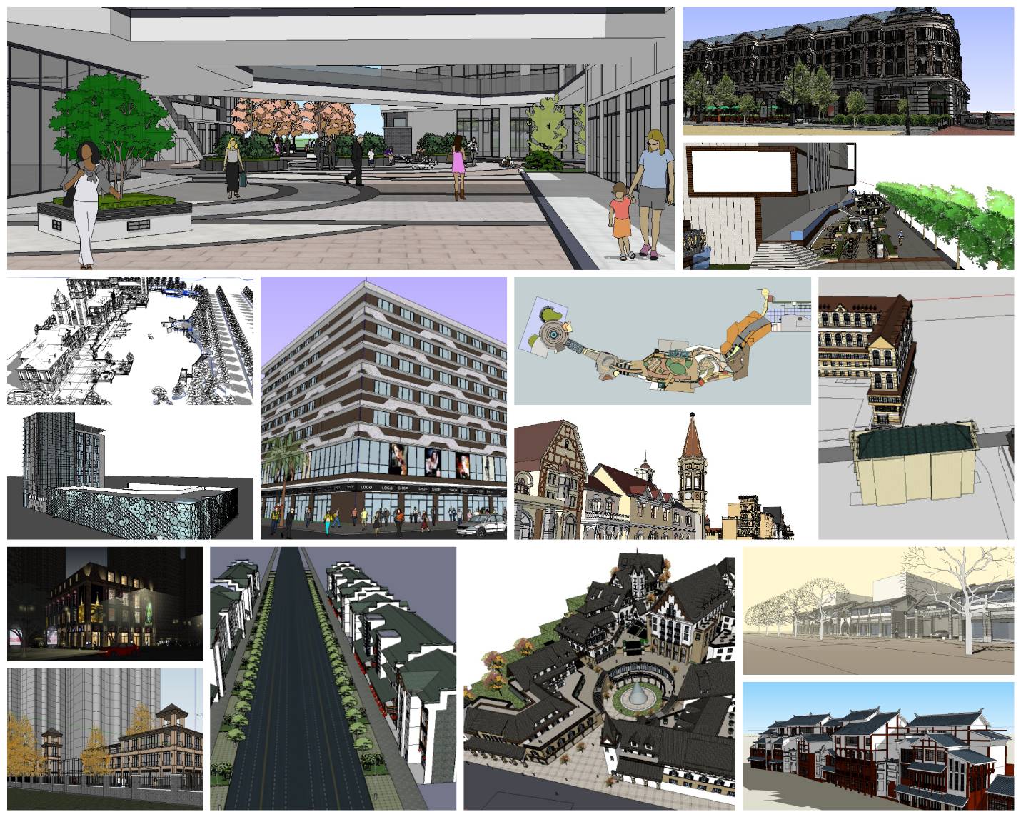 💎【Sketchup Architecture 3D Projects】15 Types of Commercial Street Design Sketchup 3D Models V5