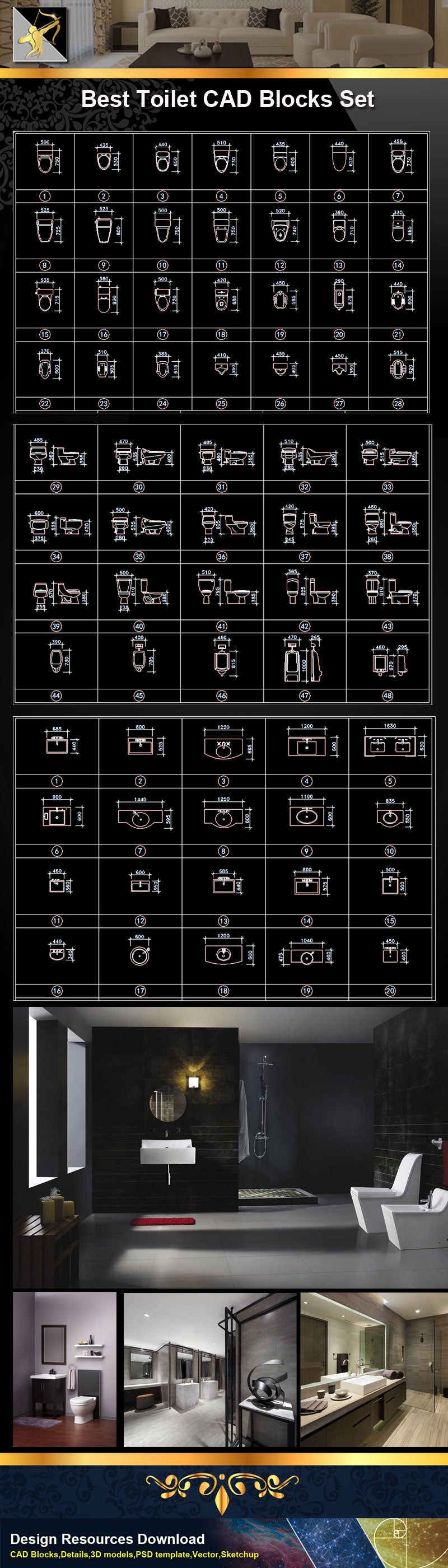 Toilet CAD Blocks Set,w.c., sinks, baths, sowers, urinals, spas, squat toilet, mixers in plan and elevation view