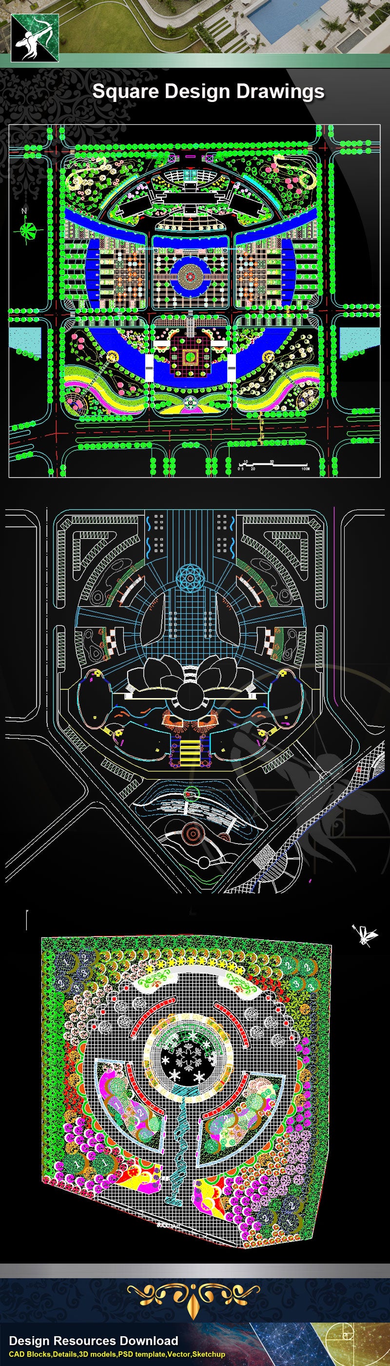 Square Design-Landscape CAD Drawings V.1