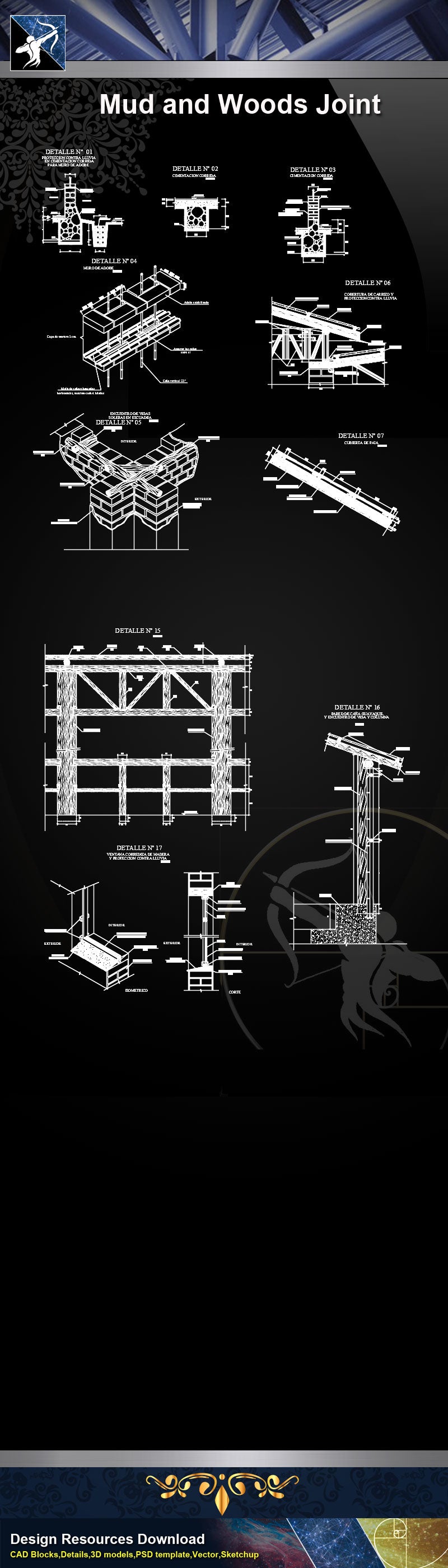 【Wood Constructure Details】Mud and woods joint and constructions detail drawing