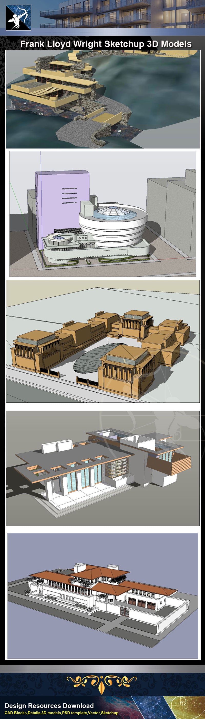 ★Famous Architecture -16 Kinds of Frank Lloyd Wright Sketchup 3D Models