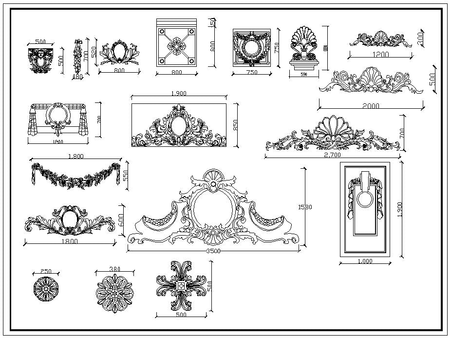 Autocad blocks of decorative elements, ornaments, works of art, statues, doors and gates, lamps, doors, windows, gates ceiling center, sculptures. The drawings are in dwg and dxf format. deco decoration iron works sculptures art decor design