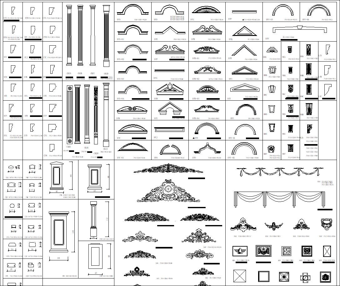 Autocad blocks of decorative elements, ornaments, works of art, statues, doors and gates, lamps, doors, windows, gates ceiling center, sculptures. The drawings are in dwg and dxf format. deco decoration iron works sculptures art decor design