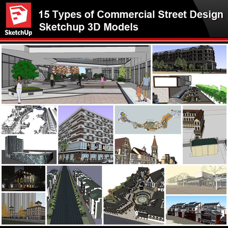 💎【Sketchup Architecture 3D Projects】15 Types of Commercial Street Design Sketchup 3D Models V5