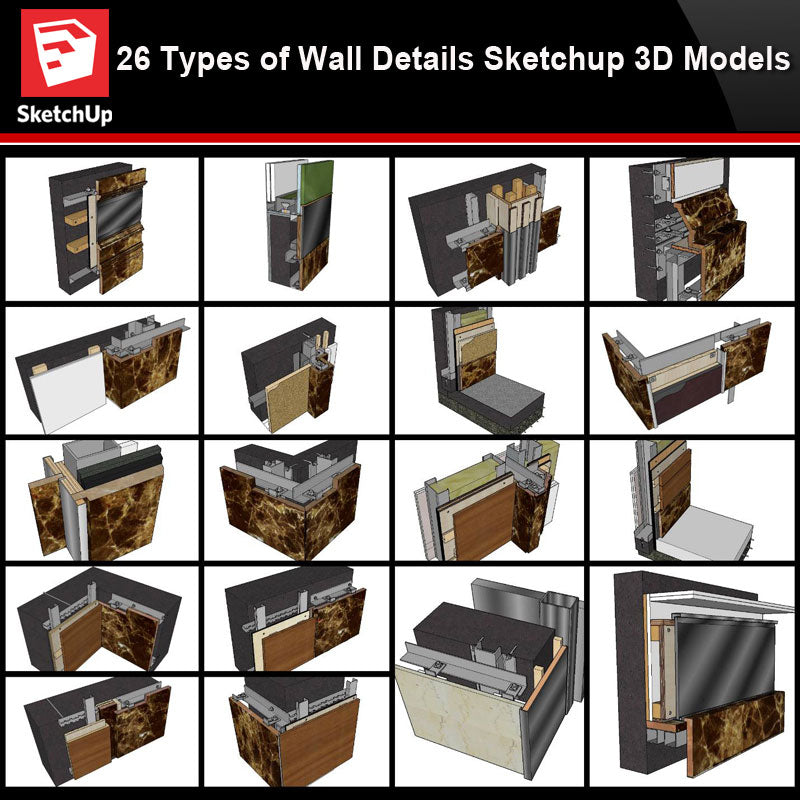 ★★【Best 26 Types of Wall Details Sketchup 3D Detail Models】 (★Recommanded★)