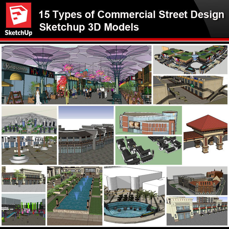 💎【Sketchup Architecture 3D Projects】15 Types of Commercial Street Design Sketchup 3D Models V4