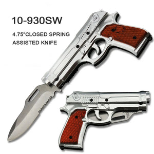 Spring Assist Gun Knife w/Sheath Silver Alum./Wood SKU 10-930SW - Highlander Knives and Swords
