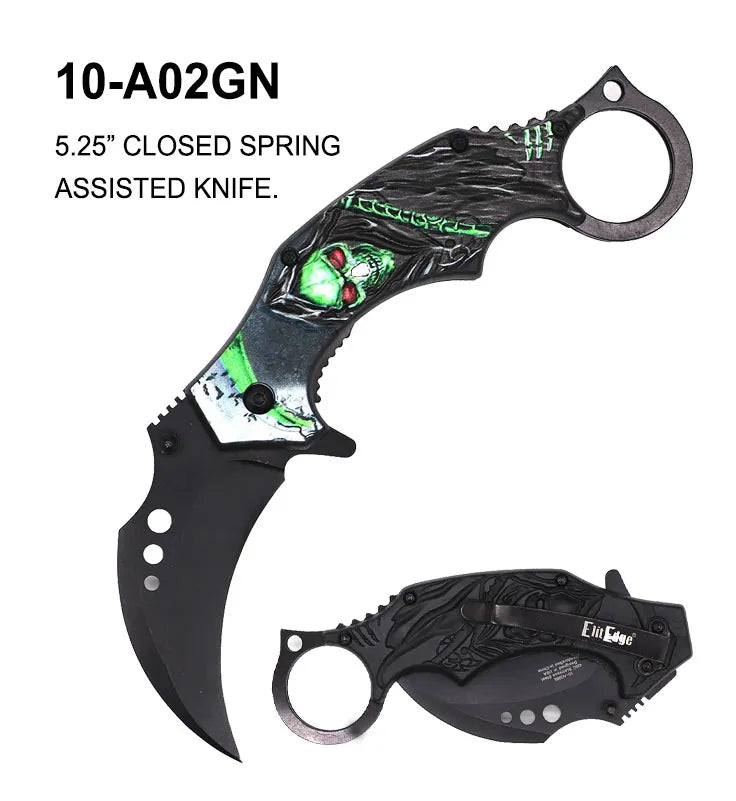 ElitEdge Spring Assisted Karambit Knife Grim Reaper Green SKU 10-A02GN