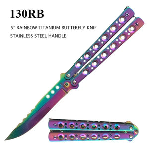 Butterfly Knife Rainbow SS Blade/Rainbow SS Handle w/Holes SKU 130RB - Highlander Knives and Swords