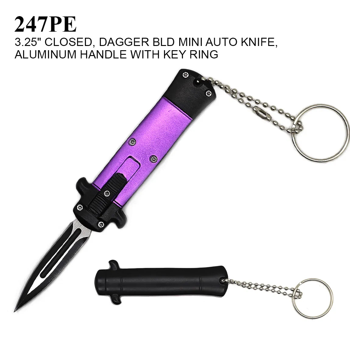 Mini Automatic OTF Knife Keychain Stainless-Steel Dagger Blade/Purple Aluminum Handle SKU 247PE