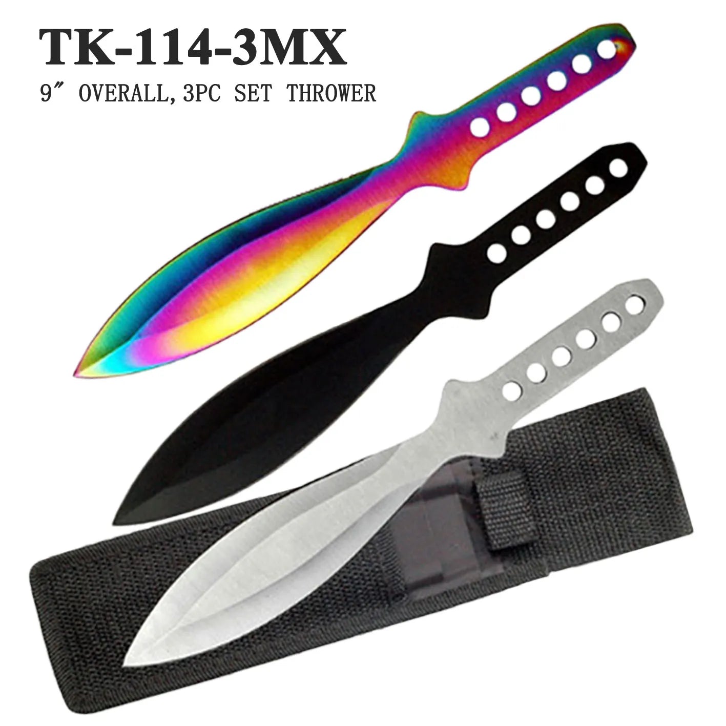 3 Piece Throwing Knife Set 9" w/Sheath Rainbow, Black, Silver Stainless-Steel Blades SKU TK-114-3MX