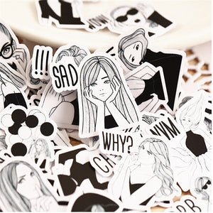 Aesthetic Kawaii 40pcs Cute Black And White Girl Sticker