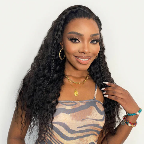 The image of Boho-Chic | Natural Black Flowy Bohemian Curly 13x4 Frontal Lace C Part Long Wig 100% Human Hair