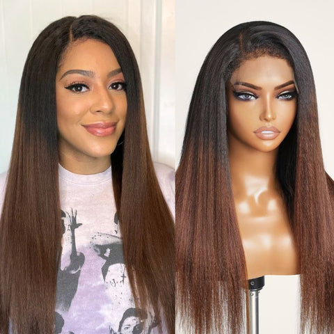 The image of 4C Edges | Kinky Edges Black To Brown Ombre Kinky Straight 5x5 Closure Lace Glueless Side Part Long Wig 100% Human Hair