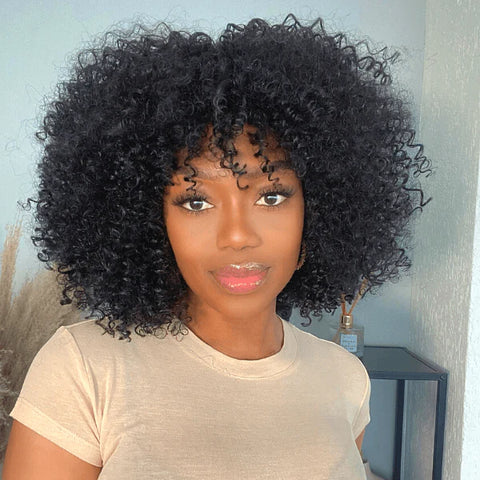 The image of Short Curly Human Hair Wig Top Lace Fringe Wig With Bangs