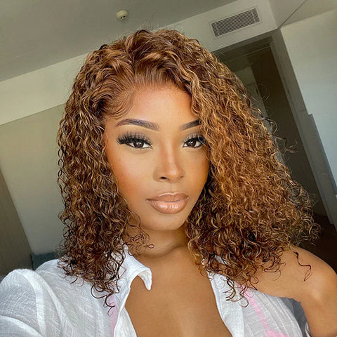 The image of Mix Color Brown Curly Bob Wig Compact 13X4 Frontal Lace