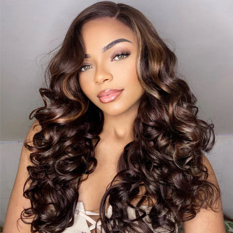 The image of Blonde Brown Highlight Water Loose Wave 5x5 Closure Lace Wig