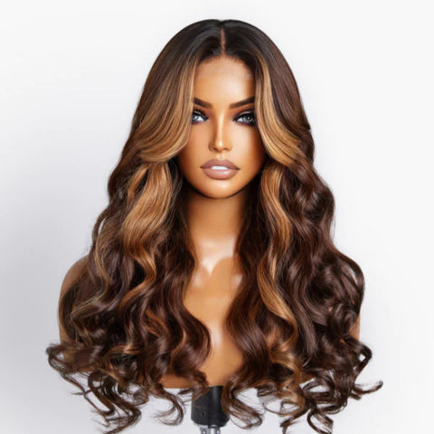 The image of Curtain Bangs Chocolate Highlight Loose Wave Wig