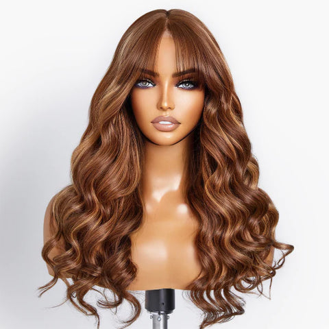 The image of Curtain Bangs Caramel Brown Highlight Loose Wave Wig