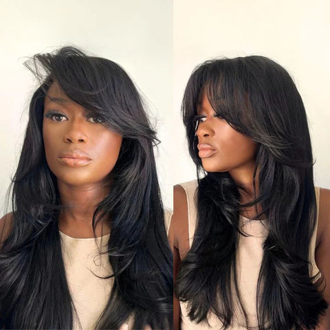 The image of Blow Out Layered Cut C Part Silky Straight Glueless 5x5 Closure HD Lace Wig with Bangs