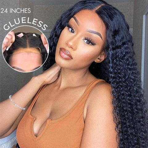 The image of Breathable Deep Wave 4x4 Closure Lace Glueless Mid Part Long Wig 100% Human Hair