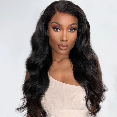 The image of   Natural Black Body Wave 13x4 Frontal HD Lace Side Part Long Wig 100% Human Hair