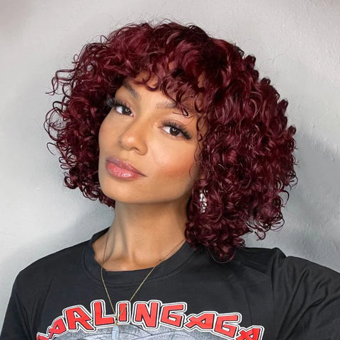 The image of Beginner Friendly Dark Red Water Wave Glueless Minimalist Lace Wig With Bangs